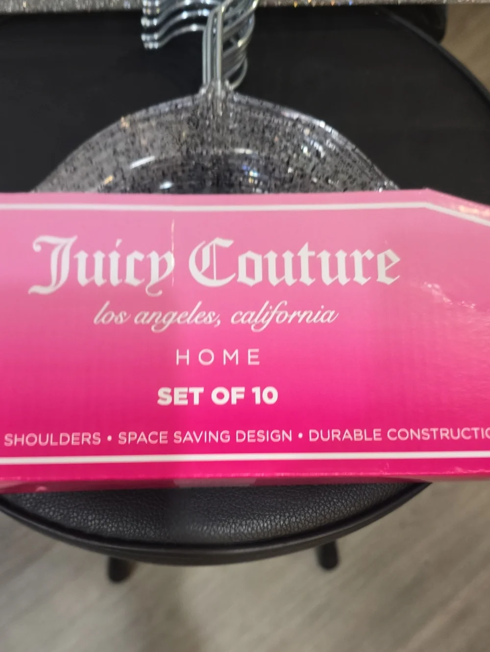 Juicy Couture Home Transparent Black Glitter Infused Hangers- 10- Silver Hook